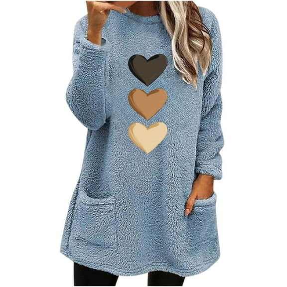 Fleece Tunic Tops for Women with 2 Pockets Hearts Print Crewneck Long Sleeve Fuzzy Sherpa Sweaters Pullover (XL, Blue)