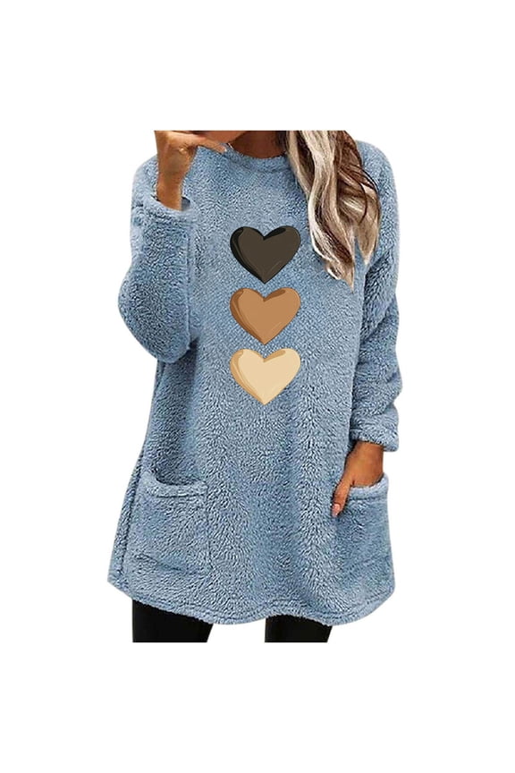 Fleece Tunic Tops for Women with 2 Pockets Hearts Print Crewneck Long Sleeve Fuzzy Sherpa Sweaters Pullover (XL, Blue)