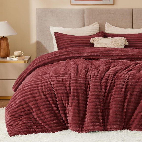 Fleece Twin Comforter Set -Super Soft & Warm Fluffy Burgundy Bedding, Luxury Fuzzy Heavy Bed Set for Winter with 1 Pillow case