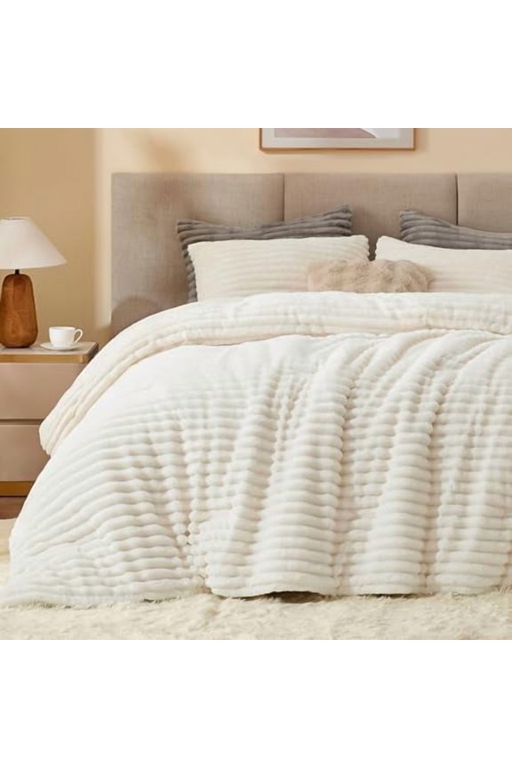 Fleece Twin Comforter Set -Super Soft & Warm Fluffy Cream White Bedding, Luxury Fuzzy Heavy Bed Set for Winter with 1 Pillow case