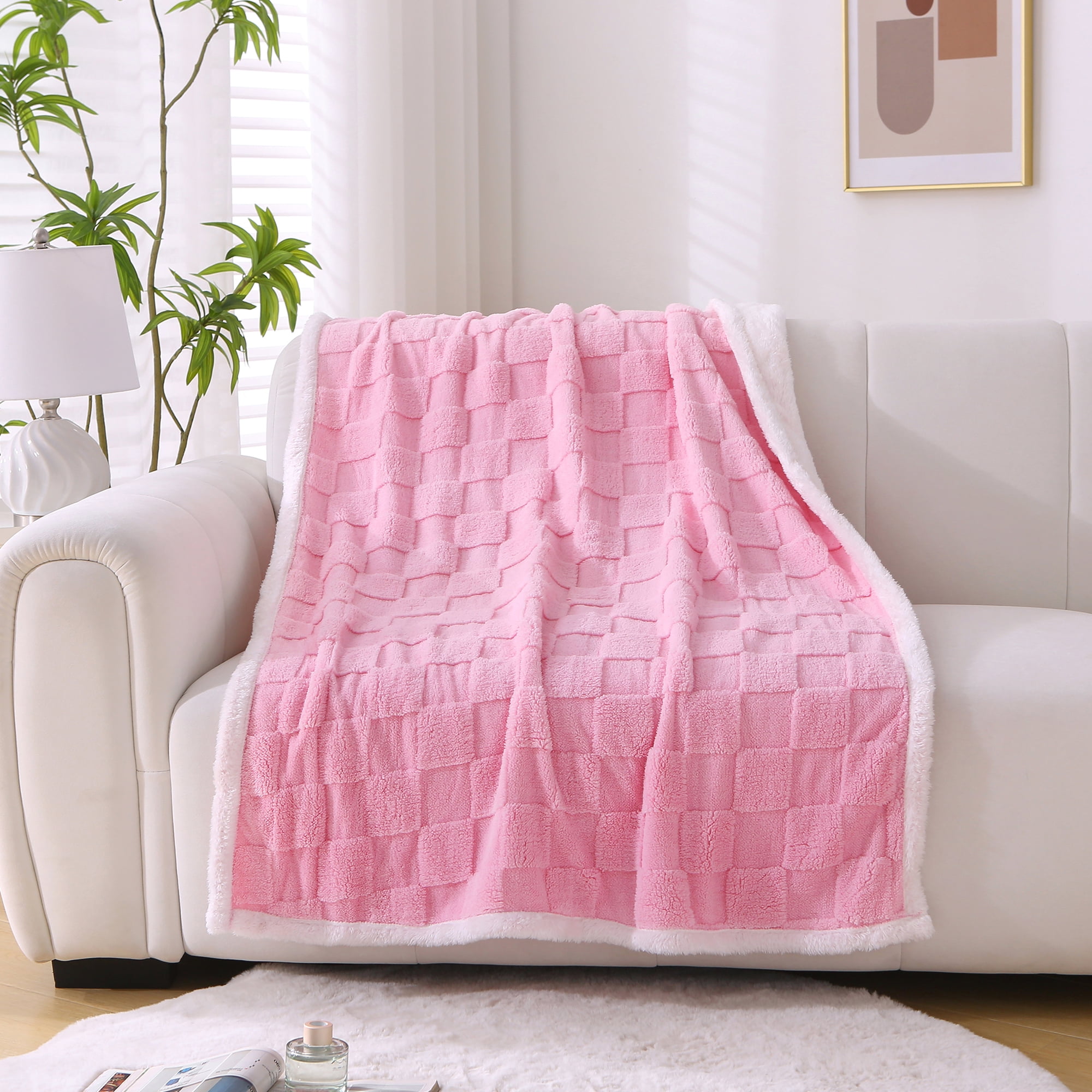 Fleece Twin Size Blanket for Sofa Pink - Soft Lightweight Plush Cozy Fuzzy Checkered Warm Winter Blanket Microfiber, 60x80 inches
