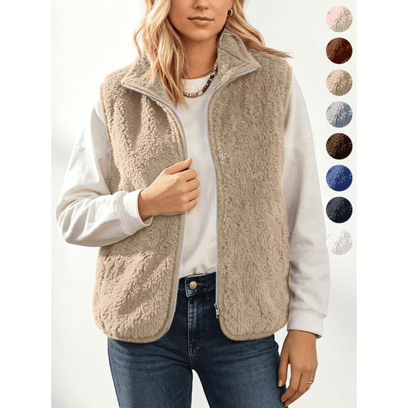 Fleece Vest Jacket for Women Solid Color Fall Winte Casual Cozy Fluffy Sleeveless Stand Collar Outerwear Vests,Sizes S-2XL