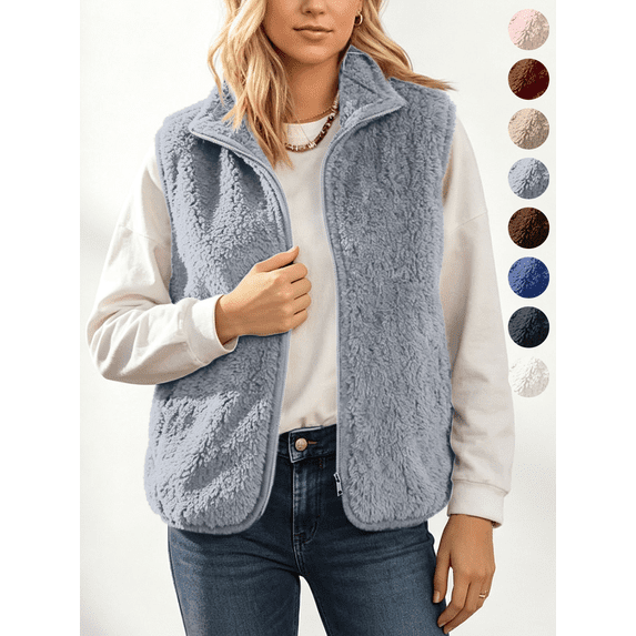 Fleece Vest Jacket for Women Solid Color Fall Winte Casual Cozy Fluffy Sleeveless Stand Collar Outerwear Vests,Sizes S-2XL