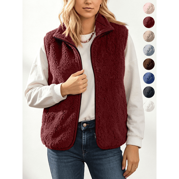 Fleece Vest Jacket for Women Solid Color Fall Winte Casual Cozy Fluffy Sleeveless Stand Collar Outerwear Vests,Sizes S-2XL