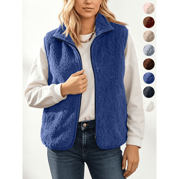 Fleece Vest Jacket for Women Solid Color Fall Winte Casual Cozy Fluffy Sleeveless Stand Collar Outerwear Vests,Sizes S-2XL