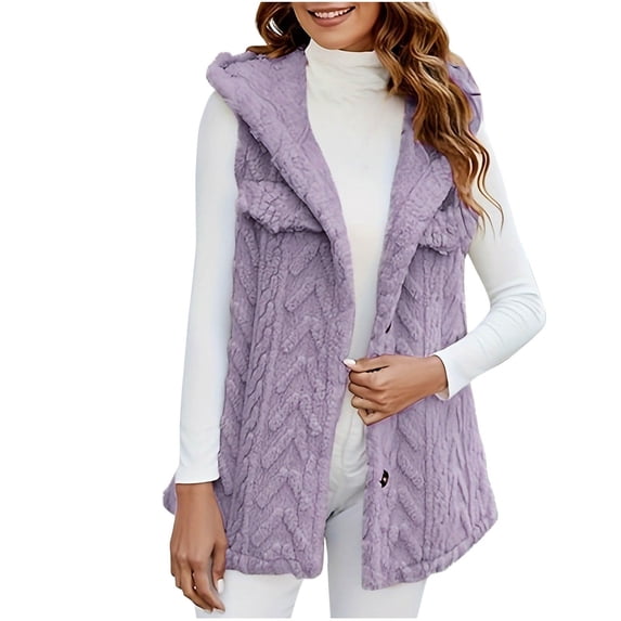 Fleece Vest Women, Comdrip Womens Vest with Hood 2025 Winter Fleece Button Up Long Vest Jackets Warm Lightweight Fall Outerwear Fall Vest for Women Purple XL