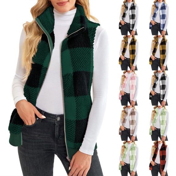 Fleece Vest Women Full Zip Collared Checkered Sherpa Vest Cozy Plaid Fuzzy Casual Outerwear Vests Zip Up Fall Vests Black M