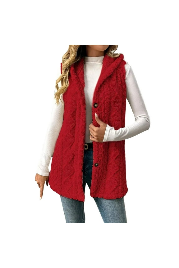 Fleece Vest for Women Ladies' Winter Versatile Double-sided Fleece Sleeveless Hooded Jacket Red XXL