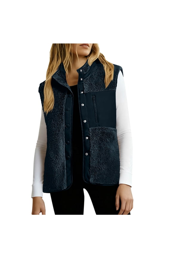Fleece Vests for Women Lightweight Stand Collar Fuzzy Sherpa Coat Button Up Sleeveless Jackets with 3 Pockets (XL, Navy)