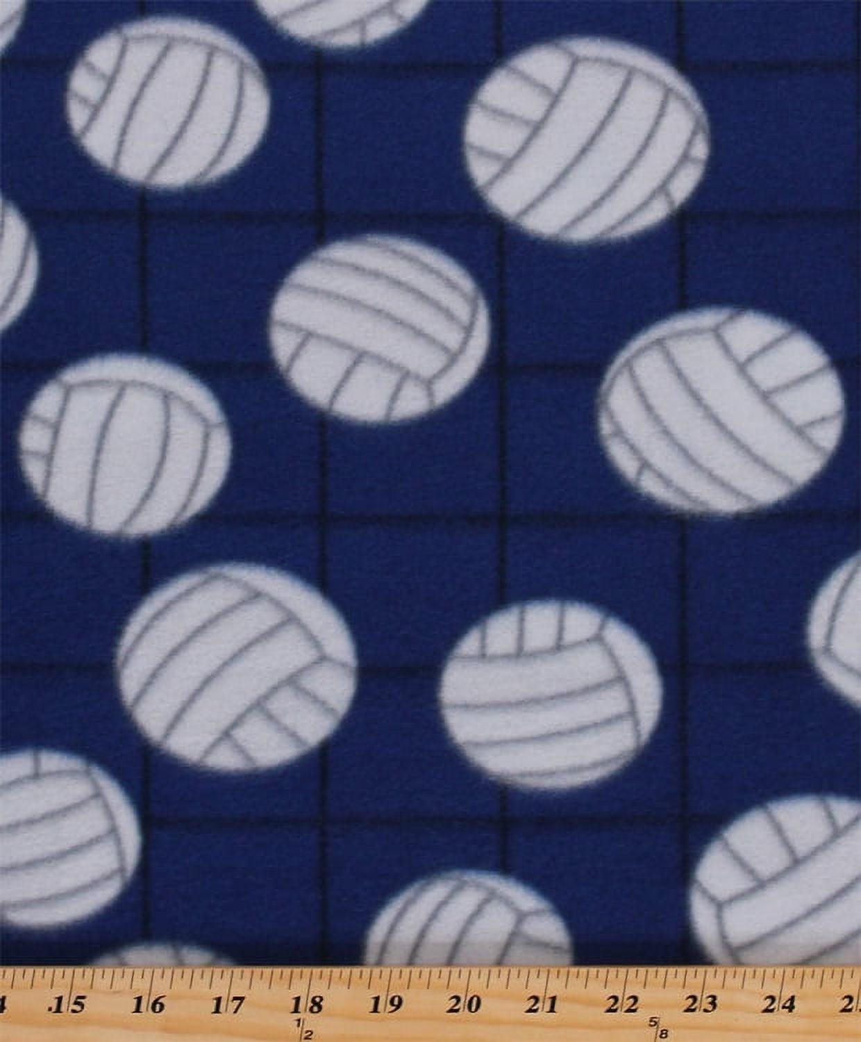 Fleece Volleyballs on Net Blue Sports Fleece Fabric Print by the Yard
