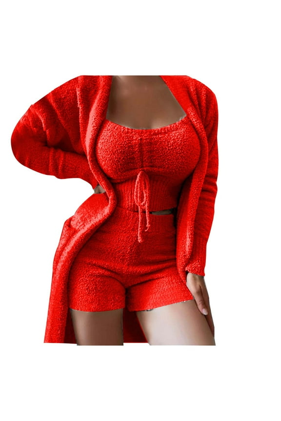 Fleece Warm Loungewear for Women Solid Fuzzy Casual Pajamas Lounge Sets 3PC Cardigans, Cropped Tops and Shorts Suits for Winter