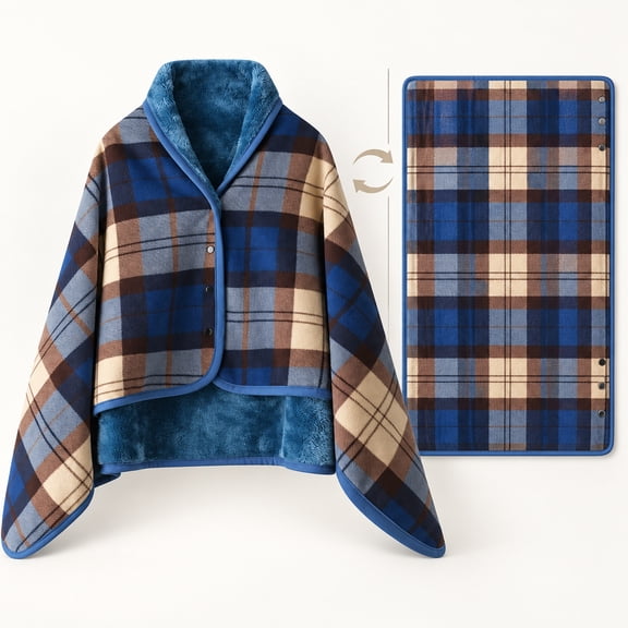 Fleece Wearable Blanket Oversized, Plaid Snap Button Shoulder Wrap with Plush Reverse, 55 x 39 Inch Cozy Lap Blanket Cape for Office Couch Bed