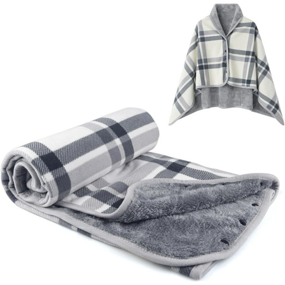 Fleece Wearable Blanket, Plaid Lap Blanket Comfy Poncho Throw with Buttons for Bed Sofa Office, Grey-White