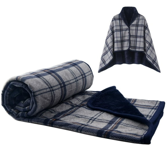 Fleece Wearable Blanket, Plaid Lap Blanket Comfy Poncho Throw with Buttons for Bed Sofa Office