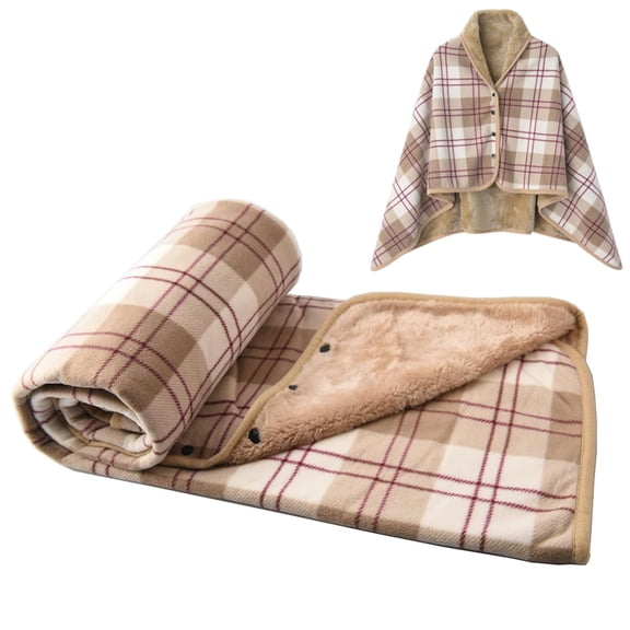 Fleece Wearable Blanket, Plaid Lap Blanket Comfy Poncho Throw with Buttons for Bed Sofa Office