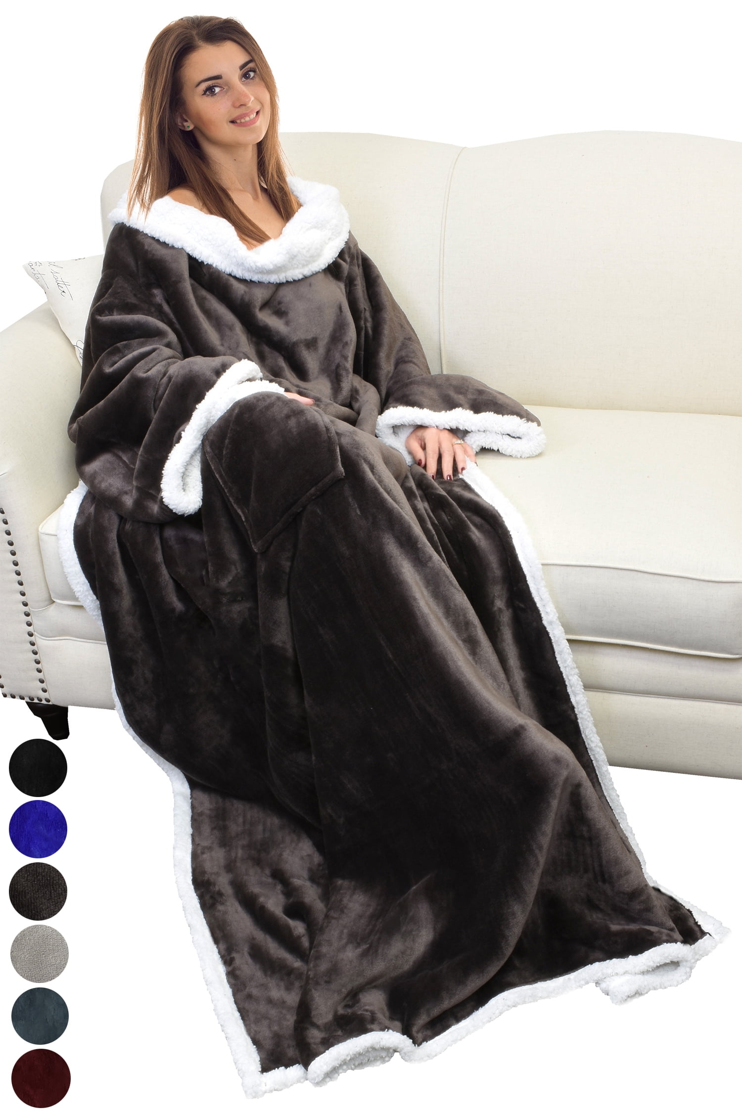 Fleece Wearable Blanket with Sleeves and Pocket Micro Plush Warm Sleeved TV Throw Sherpa Blanket Robe for Women and Men 72 X55 by Catalonia