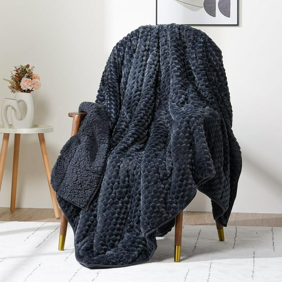 Fleece Weighted Blanket for Adults (60" x 80" 15lbs, Grey-Blue), Dual Sided Cozy Soft Sherpa Heavy Blanket, 3D Imitation Turtle Shell Warm Jacquard Flannel Weighted Blankets for Couch and Bed