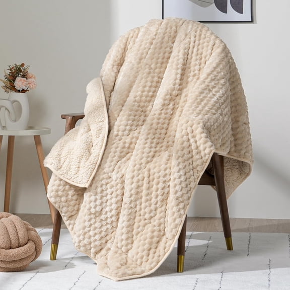 Fleece Weighted Blanket for Adults (60" x 80" 15lbs, Khaki), Dual Sided Cozy Soft Sherpa Heavy Blanket, 3D Imitation Turtle Shell Warm Jacquard Flannel Weighted Blankets for Couch and Bed