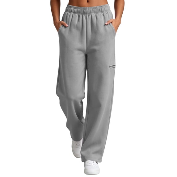 Fleece Wide Leg Sweatpants for Women Ghalytn Elastic Waist Pants - Loose Straight Trousers with Zipper Side Pocket