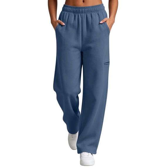 Fleece Wide Leg Sweatpants for Women Ghalytn Elastic Waist Pants - Loose Straight Trousers with Zipper Side Pocket
