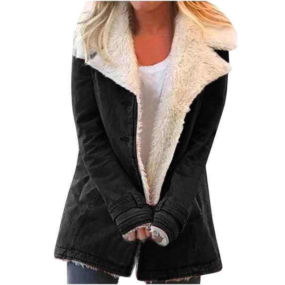 Fleece Winter Coat for Women Sherpa Lined Warm Plus Size Button Down Lapel Collar Long Sleeve Casual Jacket