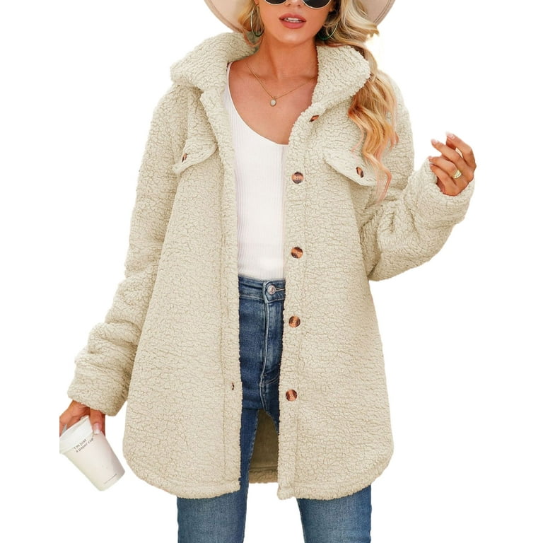 Fleece Winter Coats for Women Trendy Lapel Collar Button Up Fuzzy Faux Fur Sherpa Jacket Shermie Walmart