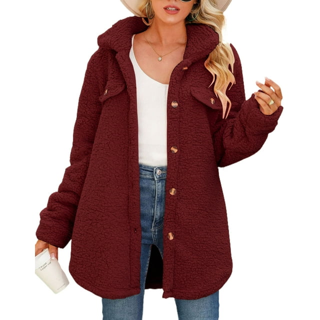 Fleece Winter Coats for Women Trendy Lapel Collar Button Up Fuzzy Faux