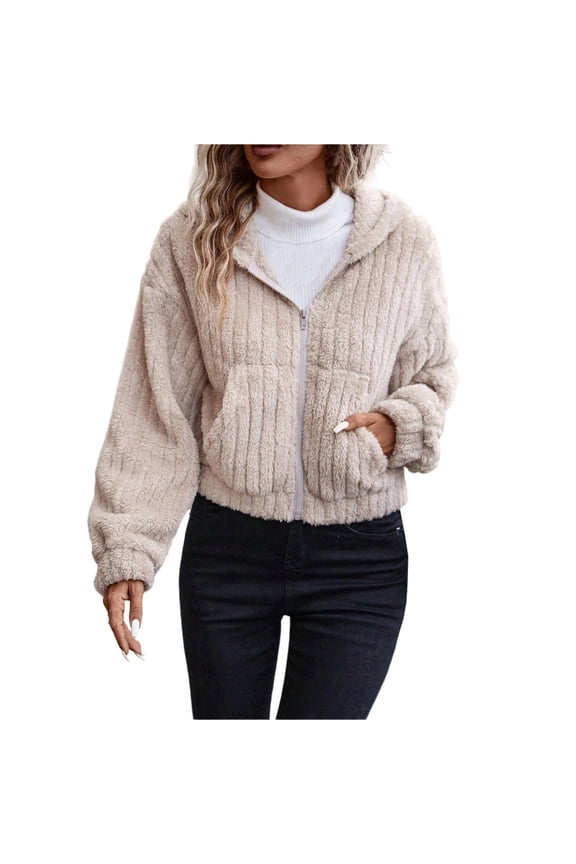 Fleece Women Crop Long Sleeve Hooded Fleece Tunic Tops Blouse Zip Up Double Jumpers Loose Fit Casual Fluffy Pullover Tops Sweatshirts Fall Winter Warm Coats Khaki L