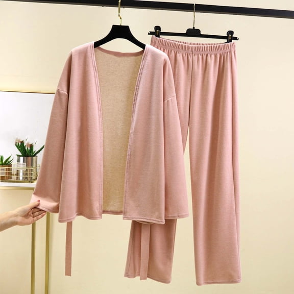Fleece Women's Solid Color Pajama Set Long Sleeve Cardigan with Tie Long Pants Warm Soft Loungewear Home Sleep Casual Fashion Outfit Pink XL
