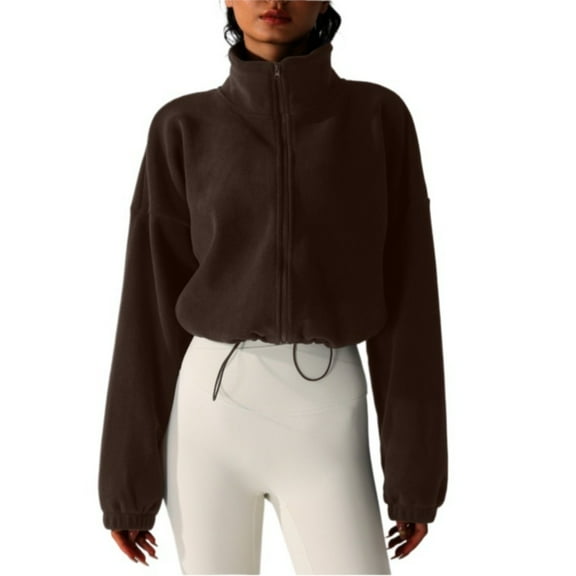 Fleece Zip Jacket for Women, Short Sherpa Coat with Drawstring Hem, Stand Collar Thick Warm Outerwear, Loose Fit Windproof Pullover for Fall Winter