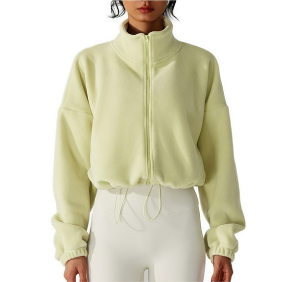 Fleece Zip Jacket for Women, Short Sherpa Coat with Drawstring Hem, Stand Collar Thick Warm Outerwear, Loose Fit Windproof Pullover for Fall Winter
