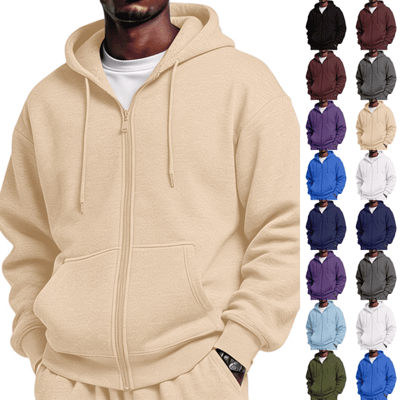 Fleece Zip Up Hoodie Men Long Sleeve Fall Winter Lightweight Plain Hooded Sweatshirts Trendy Casual Jacket With Pockets Beige L