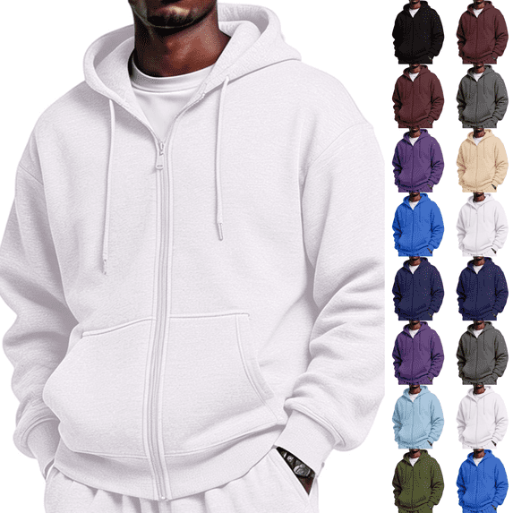 Fleece Zip Up Hoodie Men Long Sleeve Fall Winter Lightweight Plain Hooded Sweatshirts Trendy Casual Jacket With Pockets White L