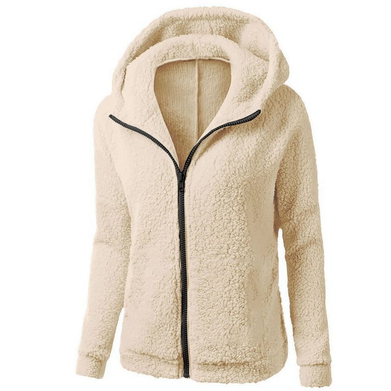 Fleece Zip Up Jacket Long Sleeve Hooded Coat Winter Thermal Tops Women S Beige