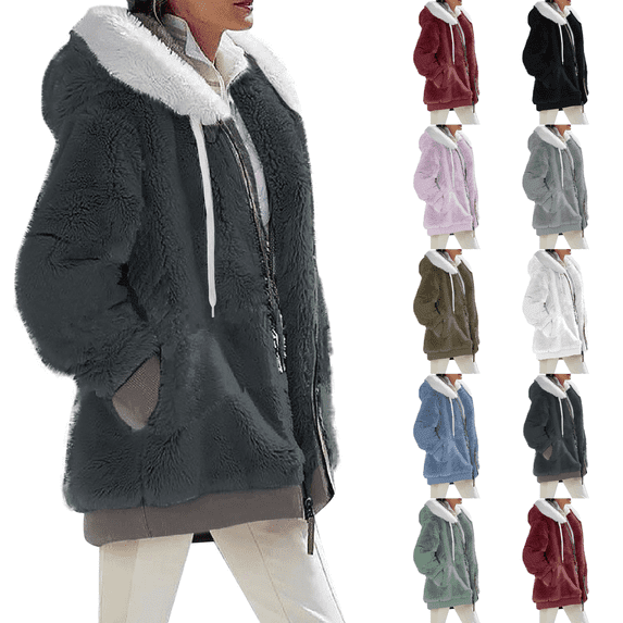 Fleece Zip Up Jacket with Pockets Womens Oversized Long Sherpa Hoodie Fuzzy Jackets Warm Teddy Coat Dark Gray M