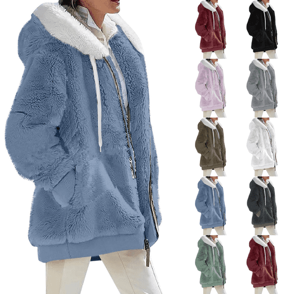 Fleece Zip Up Jacket with Pockets Womens Oversized Long Sherpa Hoodie Fuzzy Jackets Warm Teddy Coat Light Blue 5XL