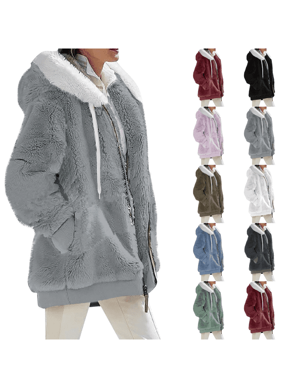 Fleece Zip Up Jacket with Pockets Womens Oversized Long Sherpa Hoodie Fuzzy Jackets Warm Teddy Coat Light Gray 4XL