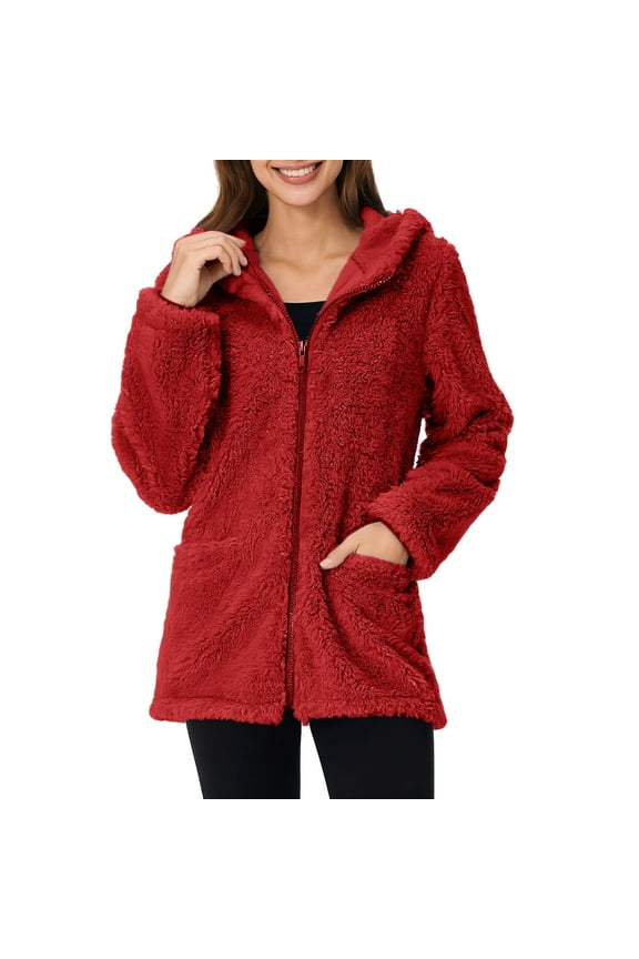 Fleece Zip Up Jackets Womens Oversized Long Sleeve Fluffy Coats Winter Warm Sherpa Lined Hooded Jacket with Pockets Fuzzy Outerwear Fall Winter