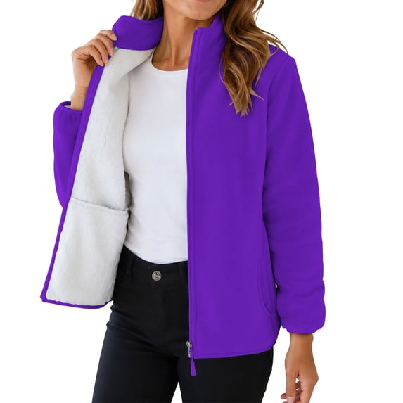 Fleece Zip Up Jackets for Women Long Sleeve Stand Collar Solid Color Warm Winter Outwear Coats with Pockets