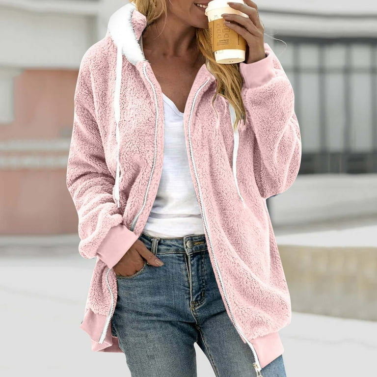 Fleece Zip up Jacket for Women with Pockets Oversized Long Sherpa Hoodie Fuzzy Jackets Winter Warm Coat Walmart