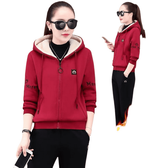 Fleece sweater suit women's autumn and winter plus fleece thickened warm casual sports two-piece set