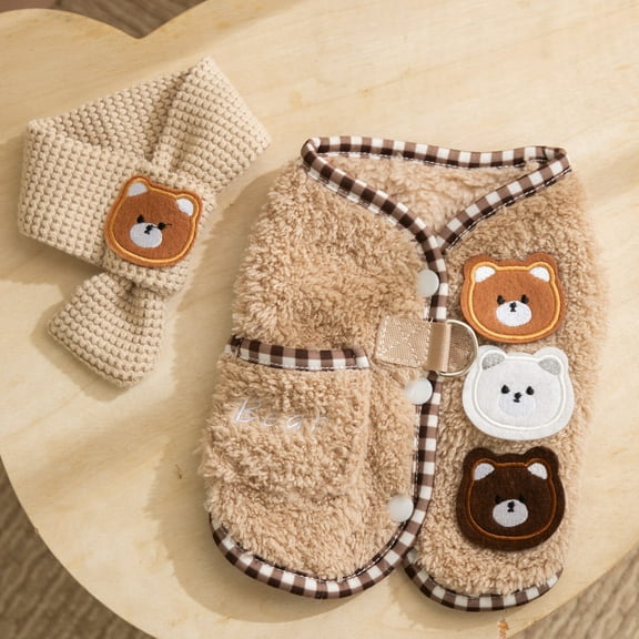 Fleece vests for small dogs,bear pattern plush dog vest with Scarf,Cute Dogs Sweater with Button Winter Cold Weater Collar Bear Print Coat Pet Clothes for Small Dogs Boy Girl,Light Brown S