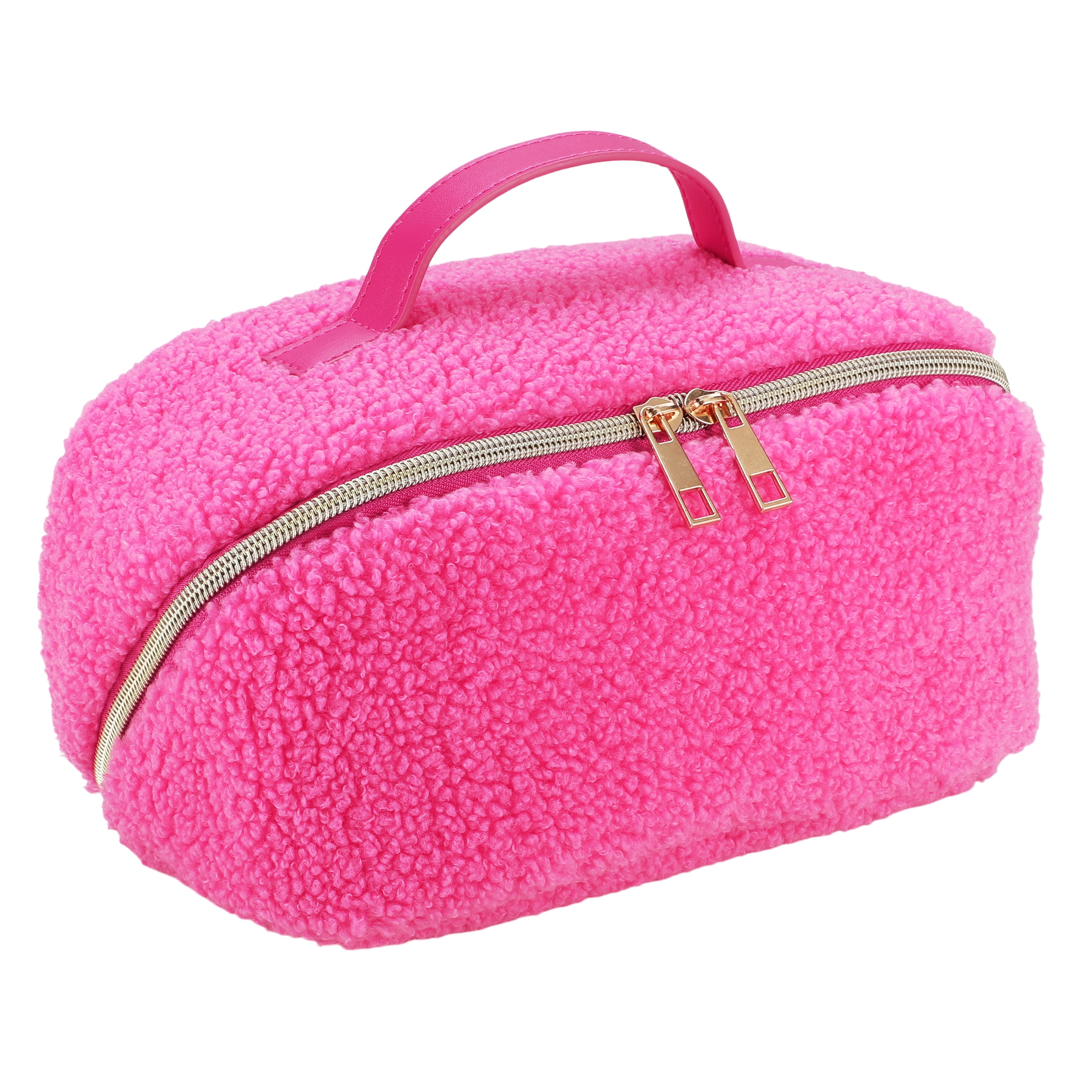 Cosmetic Bag for Travel and Makeup, Fleece Cosmetic Bag for Women Zipper Pouch Travel Cosmetic Organizer Travel Bags-Pink