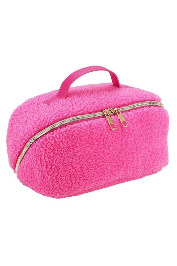 Cosmetic Bag for Travel and Makeup, Fleece Cosmetic Bag for Women Zipper Pouch Travel Cosmetic Organizer Travel Bags-Pink