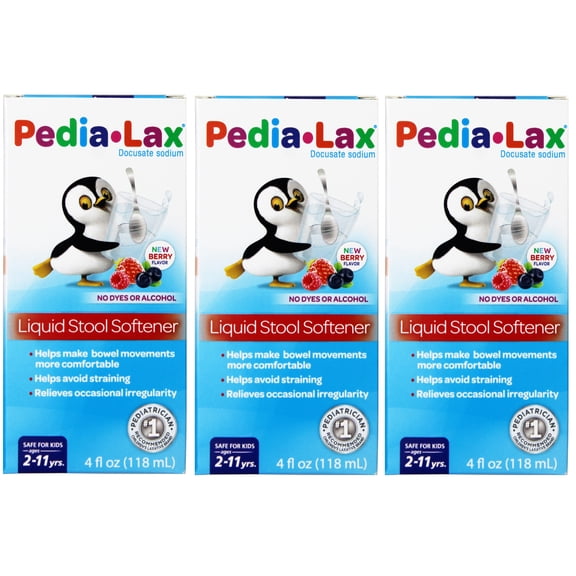 Pedia-Lax Liquid Stool Softener for Kids Ages 2-11, Docusate Sodium, Berry Flavor, Dye-Free, 4 fl oz (Pack of 3)