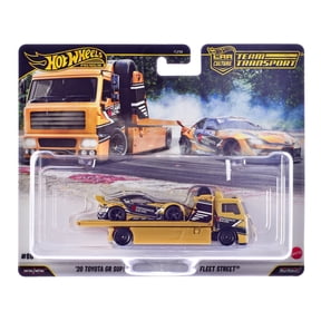 Fleet Street Flatbed Truck Yellow with Graphics and 2020 Toyota GR Supra #15 Yellow with Black Graphics "Papadakis Racing" "Team Transport - Car Culture" Series Diecast Model Cars by Hot Wheels