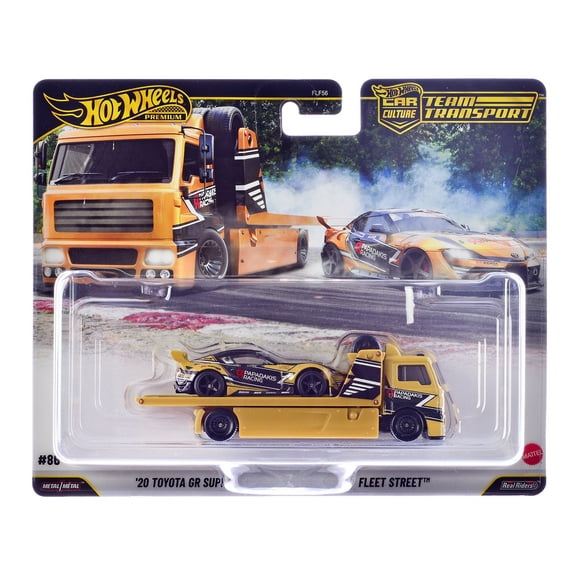 Fleet Street Flatbed Yellow with Graphics & 2020 Toyota GR Supra #15 Yellow with Black Graphics Diecast Model Cars by Hot Wheels