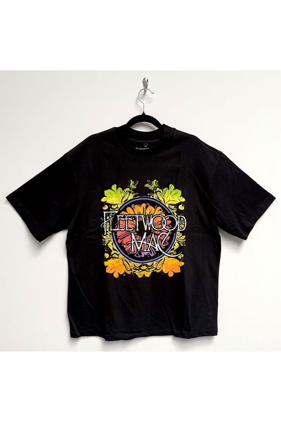Fleetwood Mac Unisex Oversized Boxy T-Shirt Circle Floral Logo (Black) (Large)