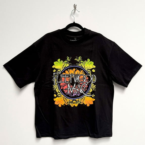 Fleetwood Mac Unisex Oversized Boxy T-Shirt Circle Floral Logo (Black) (XX-Large)