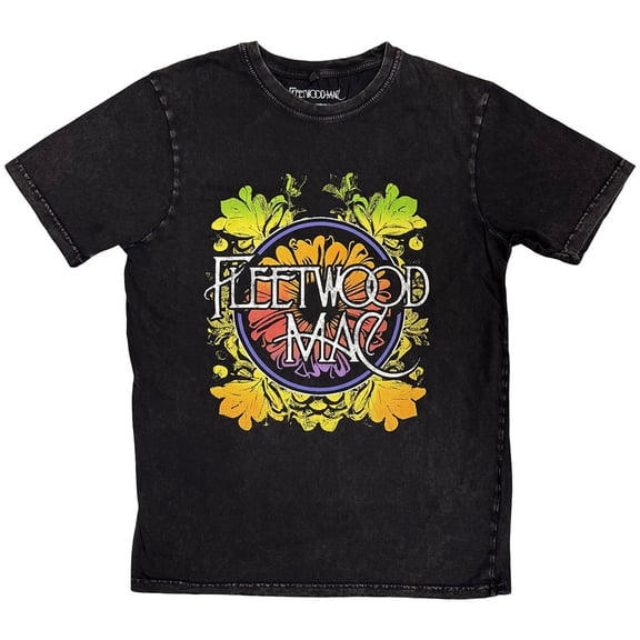 Fleetwood Mac Unisex Stone Wash T-Shirt Circle Floral Logo (Black) (X-Large)